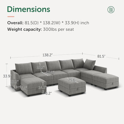 Oversized Modular Sectional Sofa with Storage Seats Reversible Sectional Couch with Ottomans U Shaped Modular Sectional Couch for Living Room, Grey-1