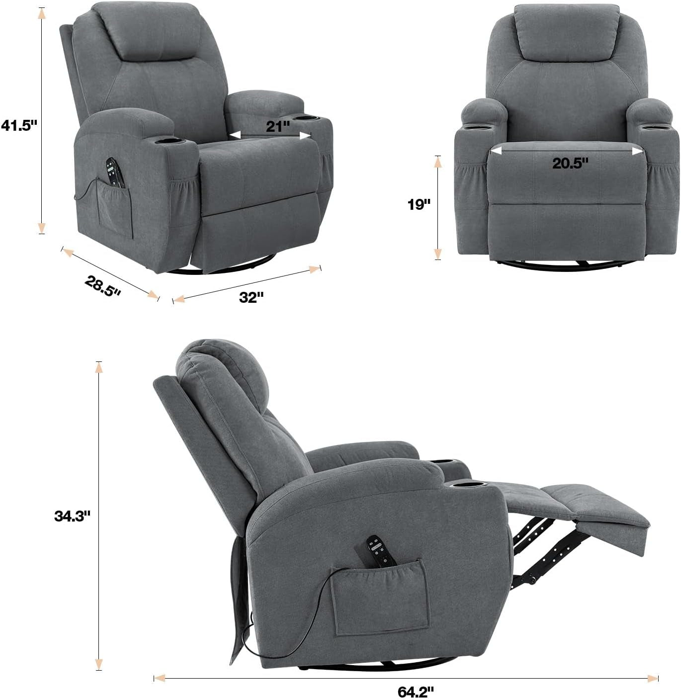 Gray Massaging Recliner With Cupholders Extendable Footrest ShipItFurniture