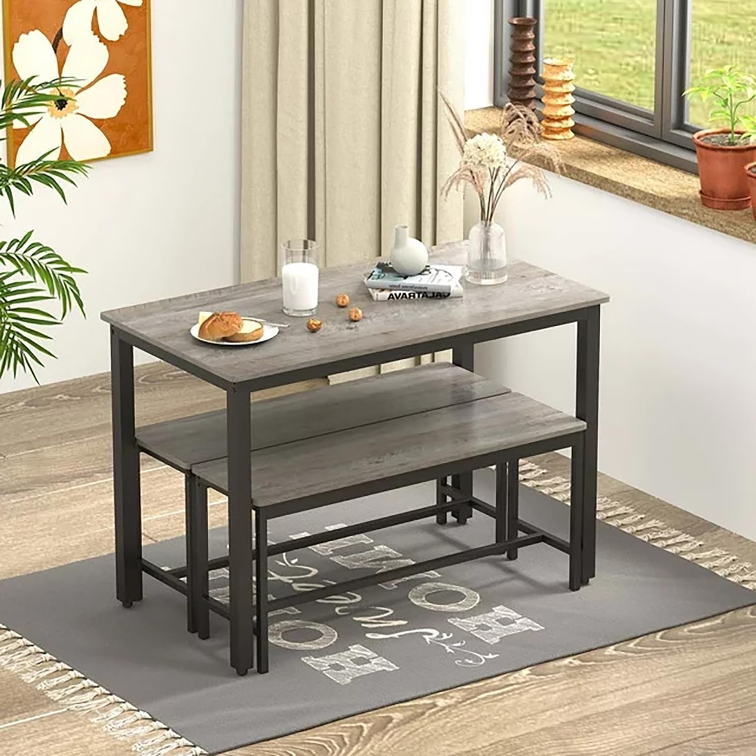 Dining Table Set for 4, Kitchen Room Table Set with 2 Benches, 3-Piece Dining Chairs Set for Breakfast Nook, Grey ShipItFurniture