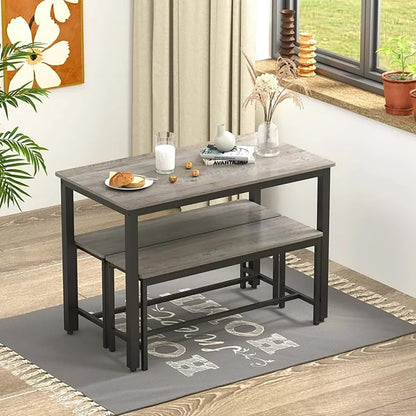 Dining Table Set for 4, Kitchen Room Table Set with 2 Benches, 3-Piece Dining Chairs Set for Breakfast Nook, Grey ShipItFurniture