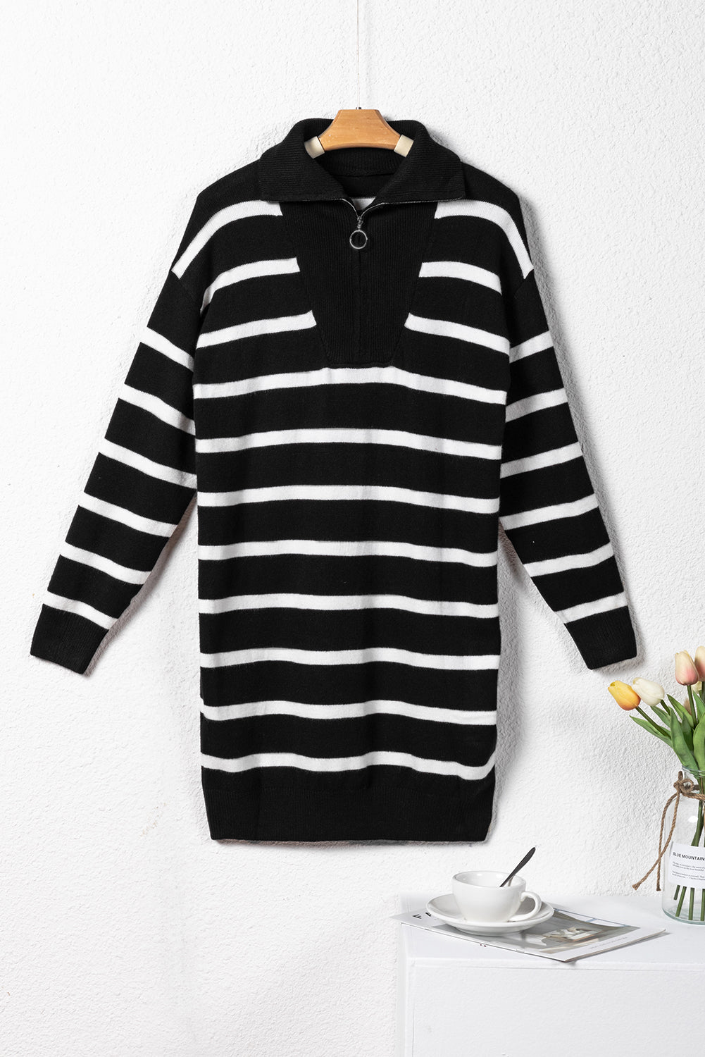 Iris Striped Zip Collared Loose Sweater Mini Dress Threaded Pear