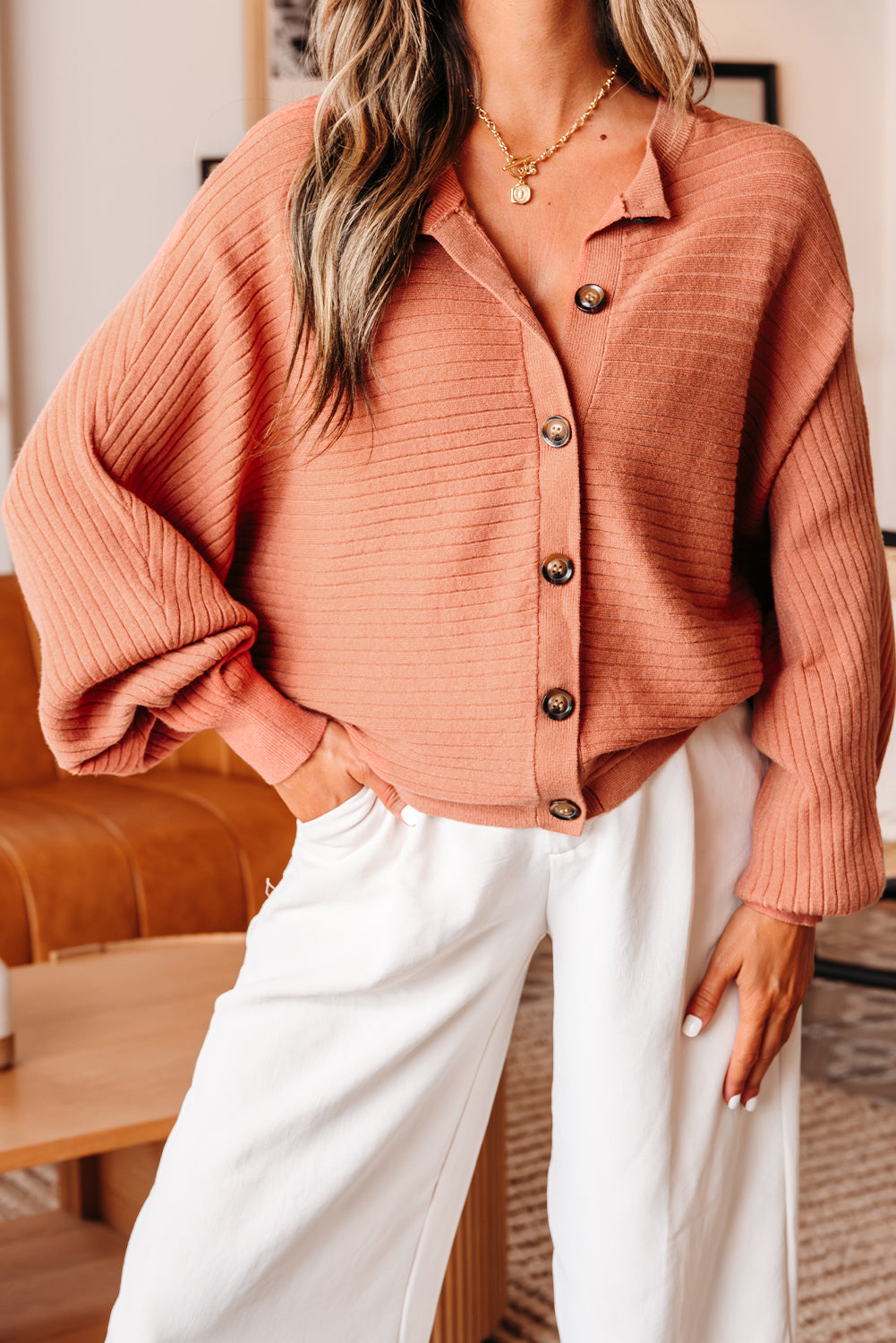 Parker Button Front Dolman Sleeve Sweater Cardigan Threaded Pear