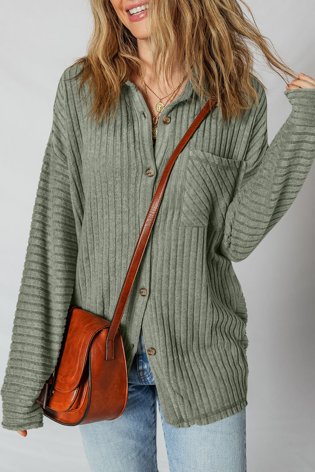Lucia Ribbed Texture Button Up Shacket Threaded Pear