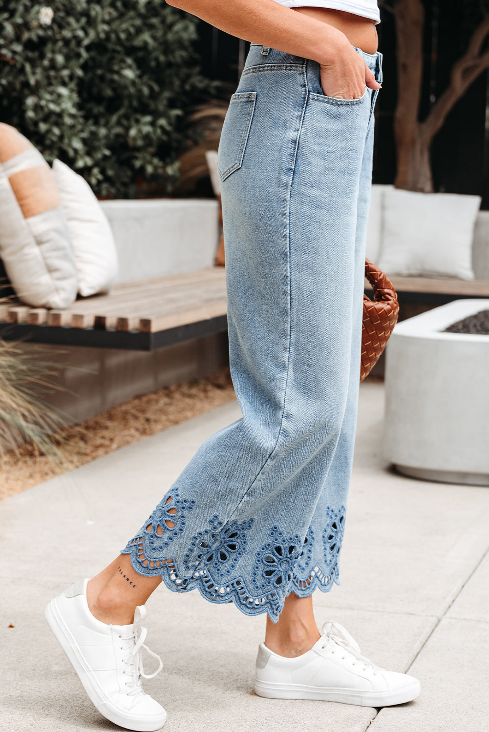Juliette Embroidered Cropped Wide Leg High Waist Jeans Threaded Pear
