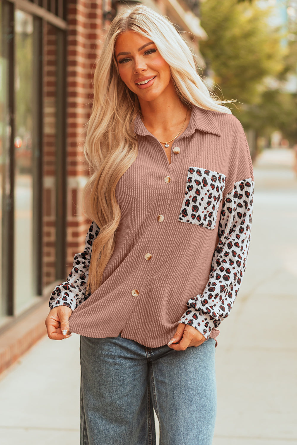 Journee Leopard Ribbed Casual Shacket Threaded Pear