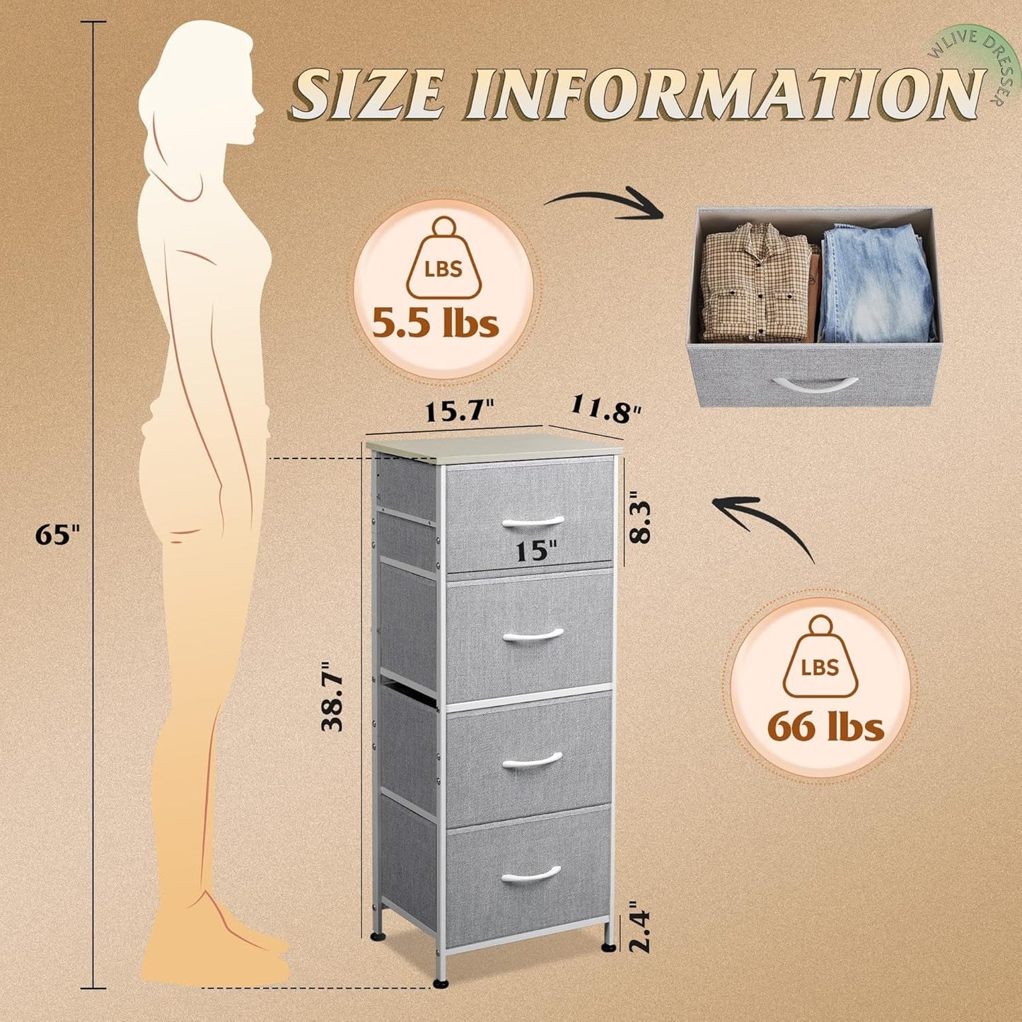 Light Grey Fabric 4 Drawer Dresser With Wood Top Storage ShipItFurniture