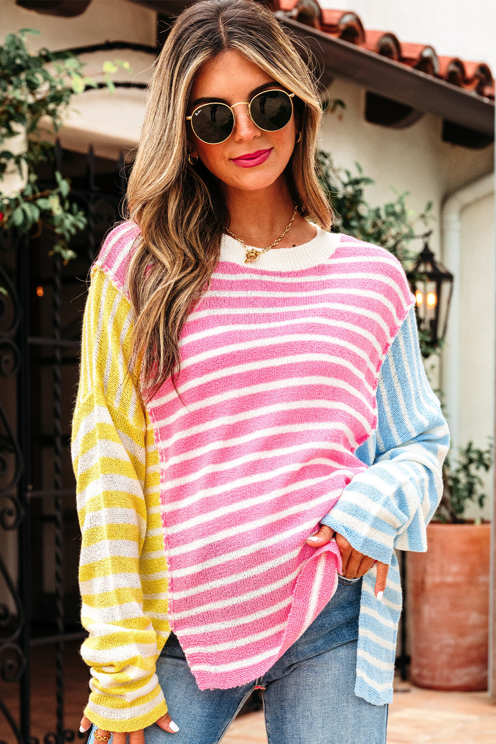 Esther Striped Patchwork Dolman Sleeve Slit Sweater Threaded Pear