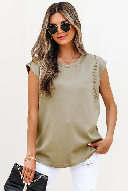 Julietta Studded Cap Sleeve Round Neck Top