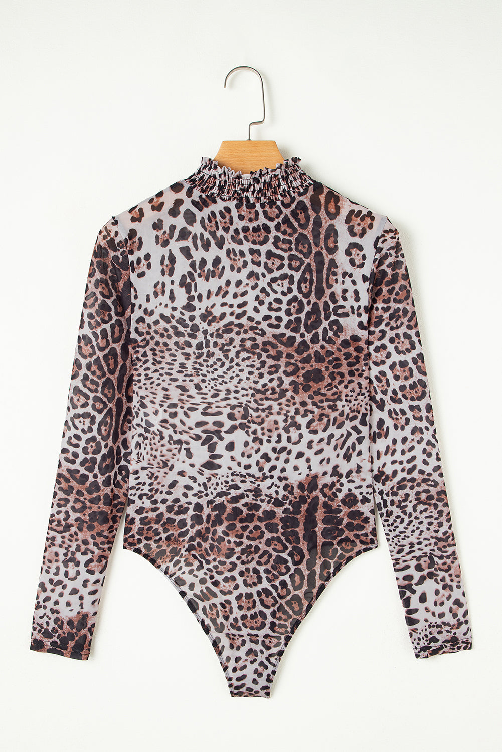 Leopard Smocked Neck Mesh Long Sleeve Bodysuit Threaded Pear