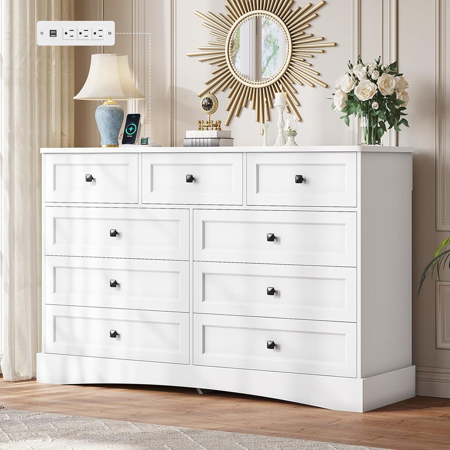 White Dresser for Bedroom with 9 Drawers, 51.2" Large Drawer Dresser with Charging Station, Wide Farmhouse Dresser Chest of Drawers, Wooden Storage Tower Organizer, Dresser for Bedroom Closet ShipItFurniture