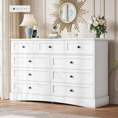White Dresser for Bedroom with 9 Drawers, 51.2" Large Drawer Dresser with Charging Station, Wide Farmhouse Dresser Chest of Drawers, Wooden Storage Tower Organizer, Dresser for Bedroom Closet ShipItFurniture