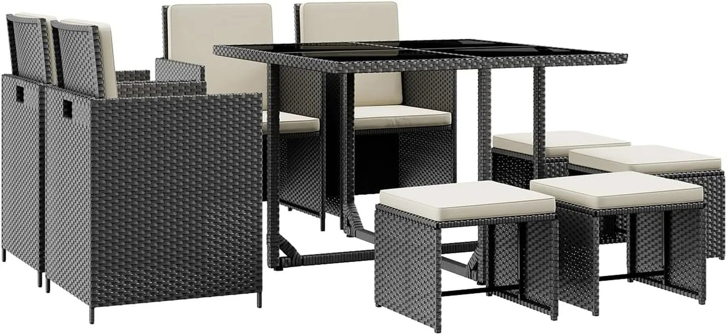 9 Pieces Patio Dining Sets Outdoor Conversation Sets, Space Saving Wicker Chairs with Glass Table and Ottomans, Cushioned Seating and Back Sectional Dining Sets(Bk-Wh)-1