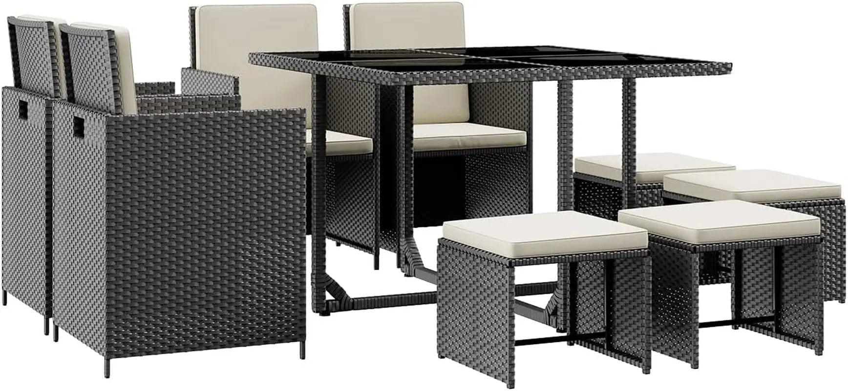 9 Pieces Patio Dining Sets Outdoor Conversation Sets, Space Saving Wicker Chairs with Glass Table and Ottomans, Cushioned Seating and Back Sectional Dining Sets(Bk-Wh)-1