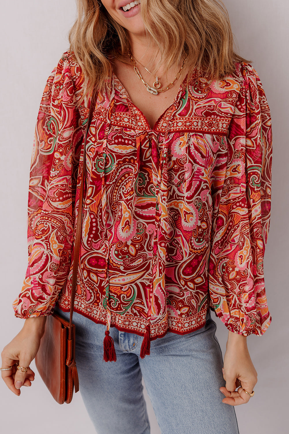Quinn Paisley Tassel Tie Puff Sleeve Boho Blouse Threaded Pear