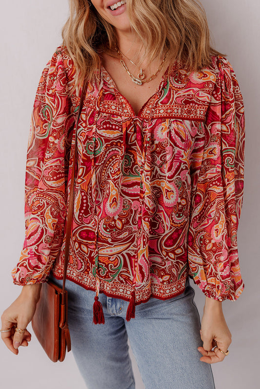 Quinn Paisley Tassel Tie Puff Sleeve Boho Blouse Threaded Pear