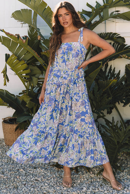 Katelyn Floral Self-tie Straps Ruffle Long Dress