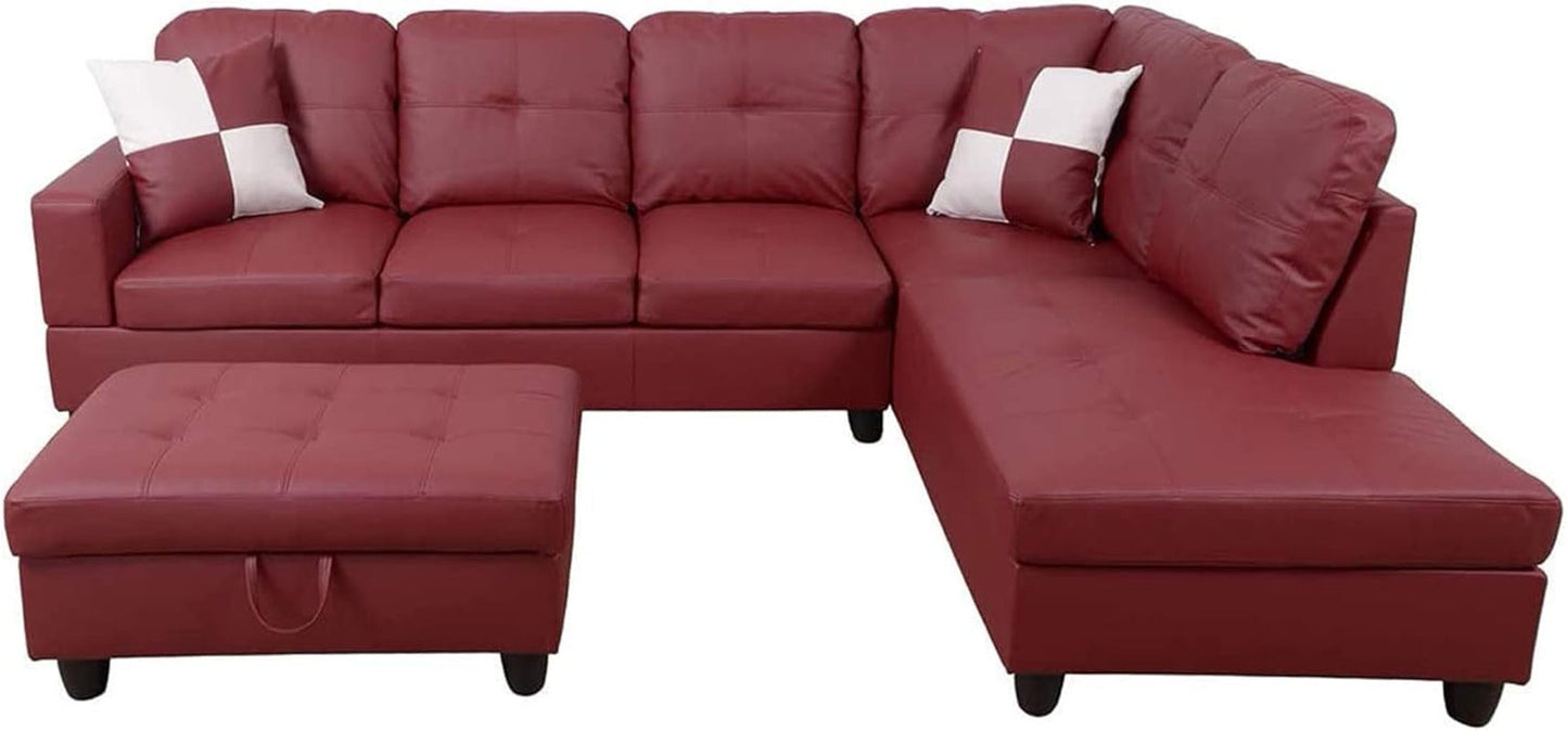 Sectional Sofa Faux Leather L Shaped 103.5 Inch Wide Red ShipItFurniture