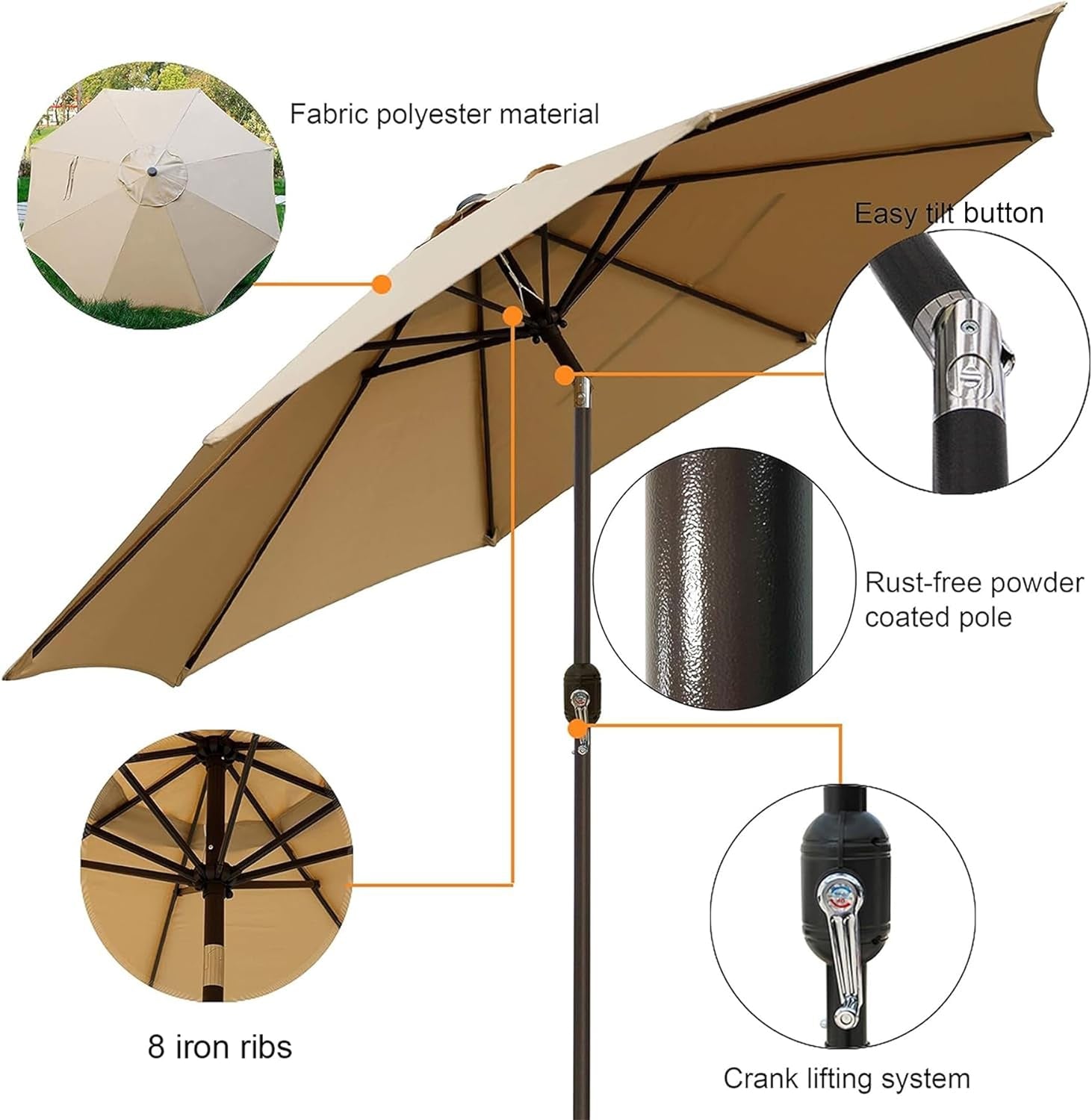 9' Outdoor Patio Umbrella, Outdoor Table Umbrella, Yard Umbrella, Market Umbrella with 8 Sturdy Ribs, Push Button Tilt and Crank ShipItFurniture