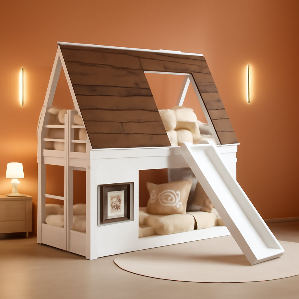 Bunk Bed Twin over Twin, Bunk Bed with Slides and Stairs, House Bunk Bed with Roof, Twin Bunk Bed for Kids, Teens, Kids Bunk Beds, White+Brown ShipItFurniture