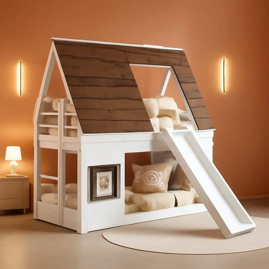 Bunk Bed Twin over Twin, Bunk Bed with Slides and Stairs, House Bunk Bed with Roof, Twin Bunk Bed for Kids, Teens, Kids Bunk Beds, White+Brown-0