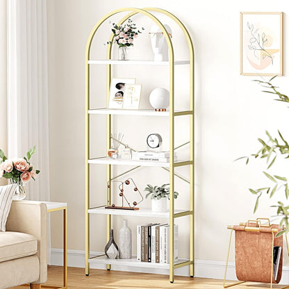 5 Tier Bookshelf Arched Display White Gold Metal Frame Bookcase ShipItFurniture
