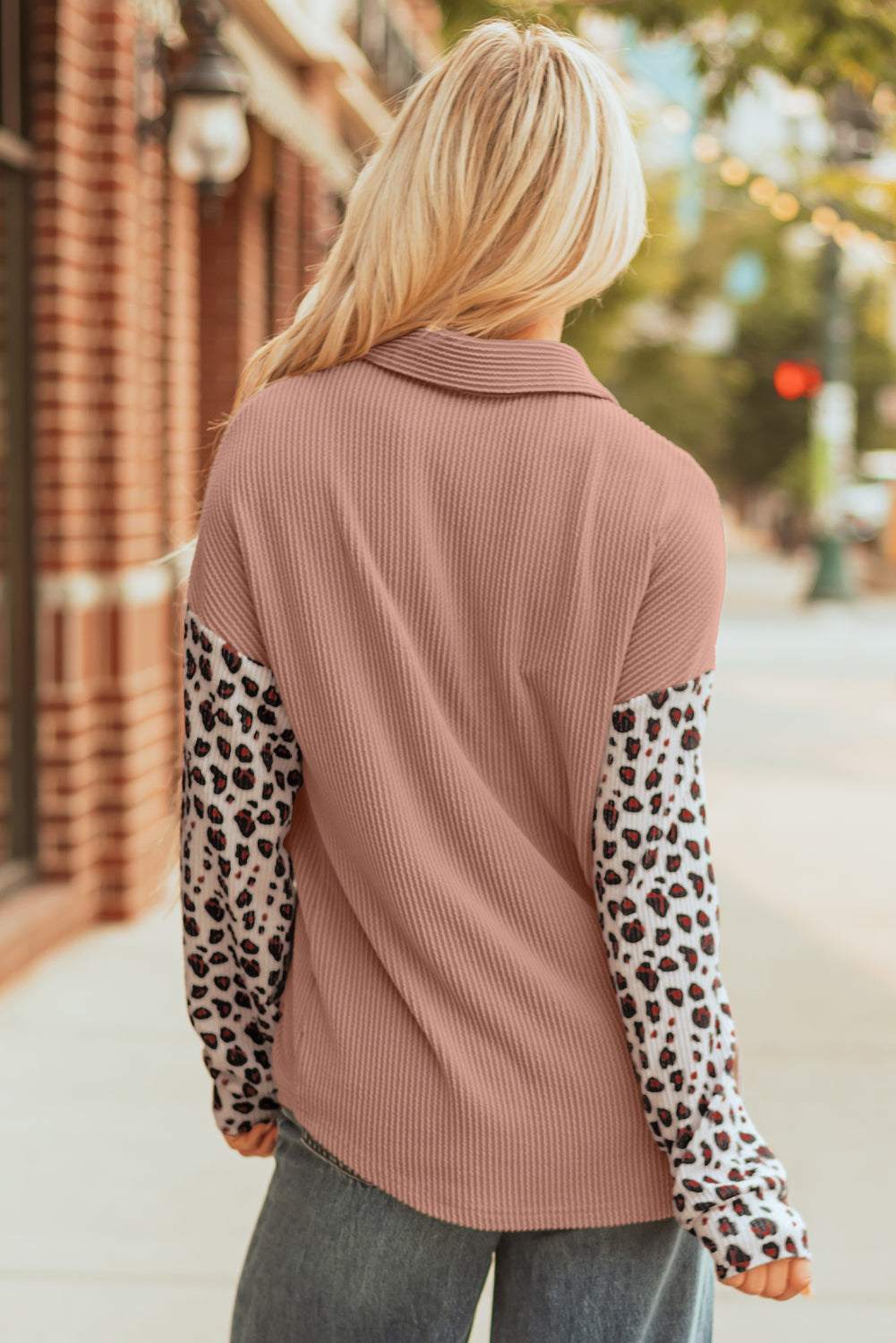Journee Leopard Ribbed Casual Shacket Threaded Pear