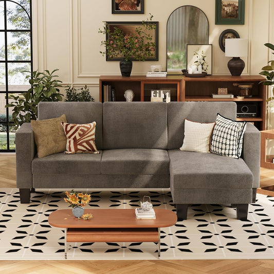 Gray Corduroy Convertible Sectional Sofa 3 Seat L Shape ShipItFurniture