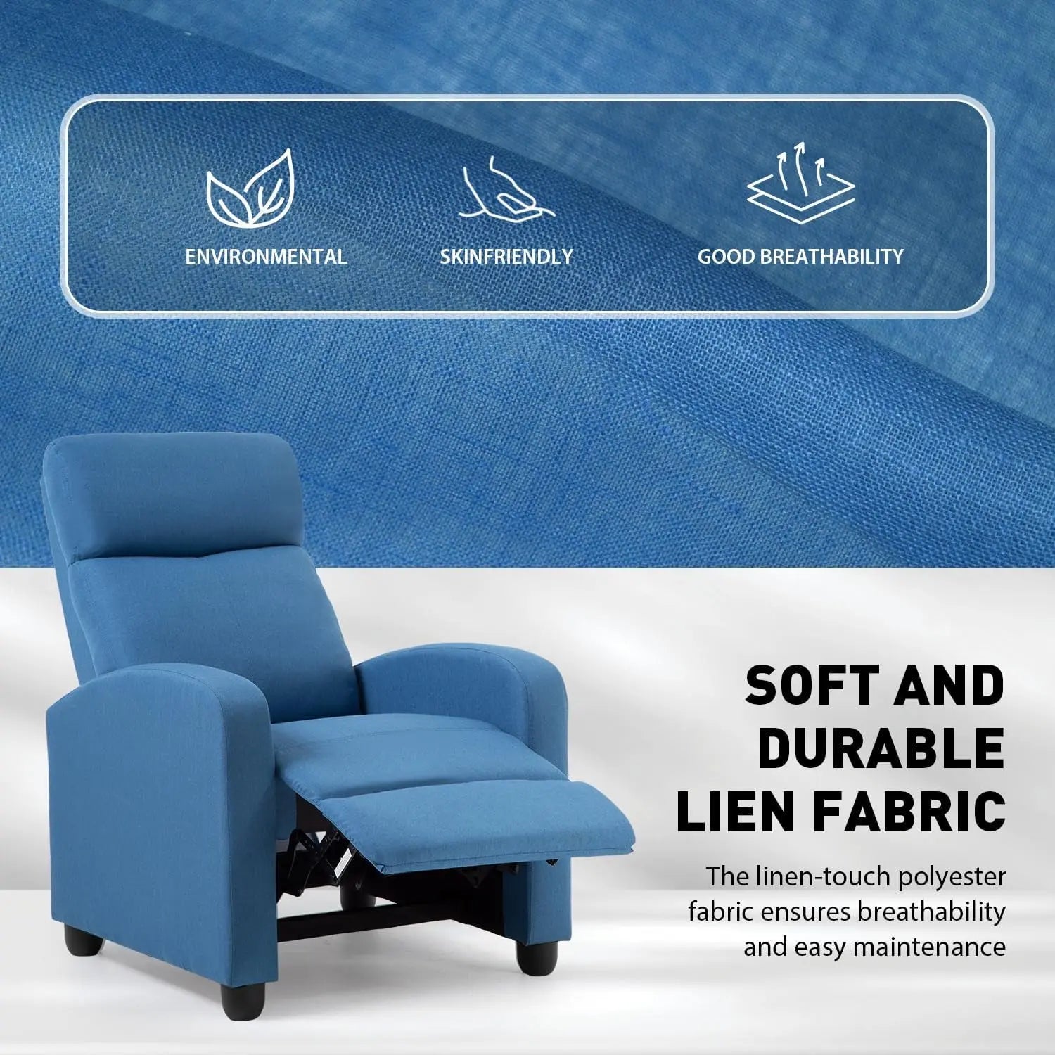 Blue Recliner Chair With Lumbar Support And Push Back Recline ShipItFurniture