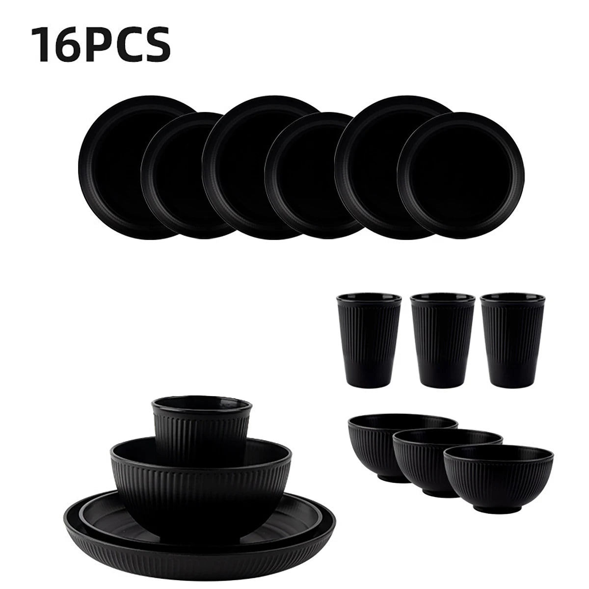 16Pcs Wheat Straw Tablewar Sets Bowl Saucers Plate Sets Portable Picnic Cutlery Knife Fork Black Dinnerware Camping Dishes Full Get it from Bo