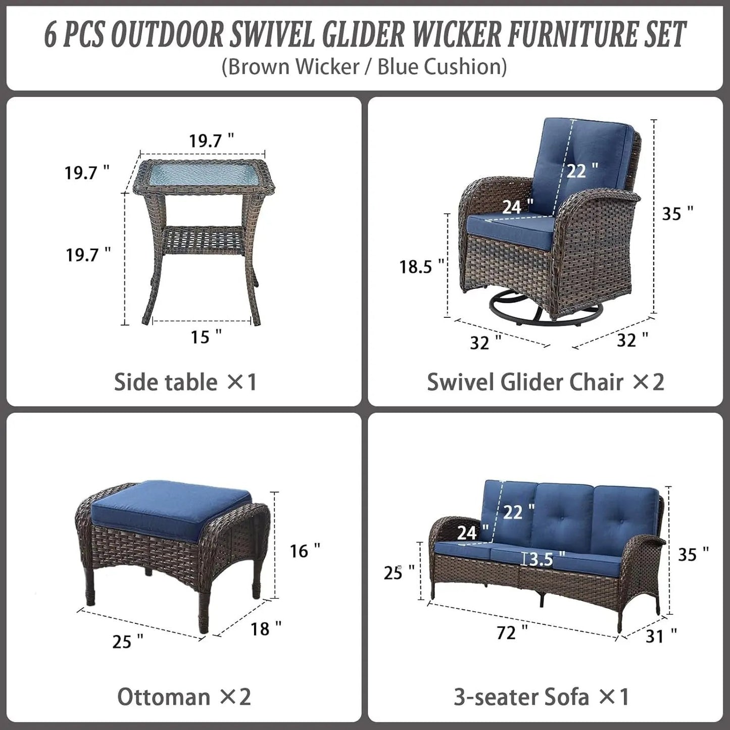 6 Piece Patio Conversation Sets - Wicker Patio Furniture Sets with Outdoor Swivel Rocker Chairs Outdoor Couch Perfect for Patio Deck Backyard, Brown Wicker Blue Cushion-1