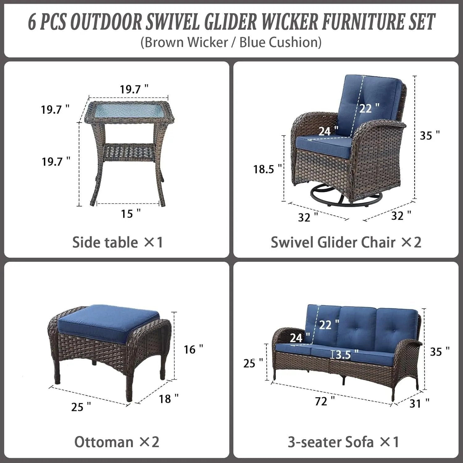 6 Piece Patio Conversation Sets - Wicker Patio Furniture Sets with Outdoor Swivel Rocker Chairs Outdoor Couch Perfect for Patio Deck Backyard, Brown Wicker Blue Cushion-1
