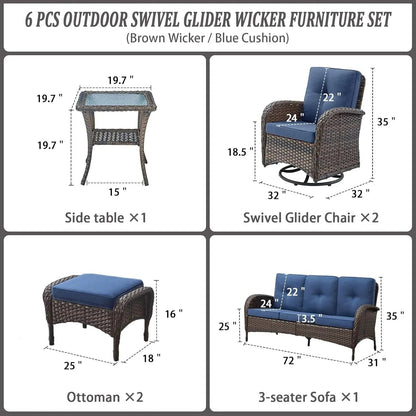 6 Piece Patio Conversation Sets - Wicker Patio Furniture Sets with Outdoor Swivel Rocker Chairs Outdoor Couch Perfect for Patio Deck Backyard, Brown Wicker Blue Cushion-1