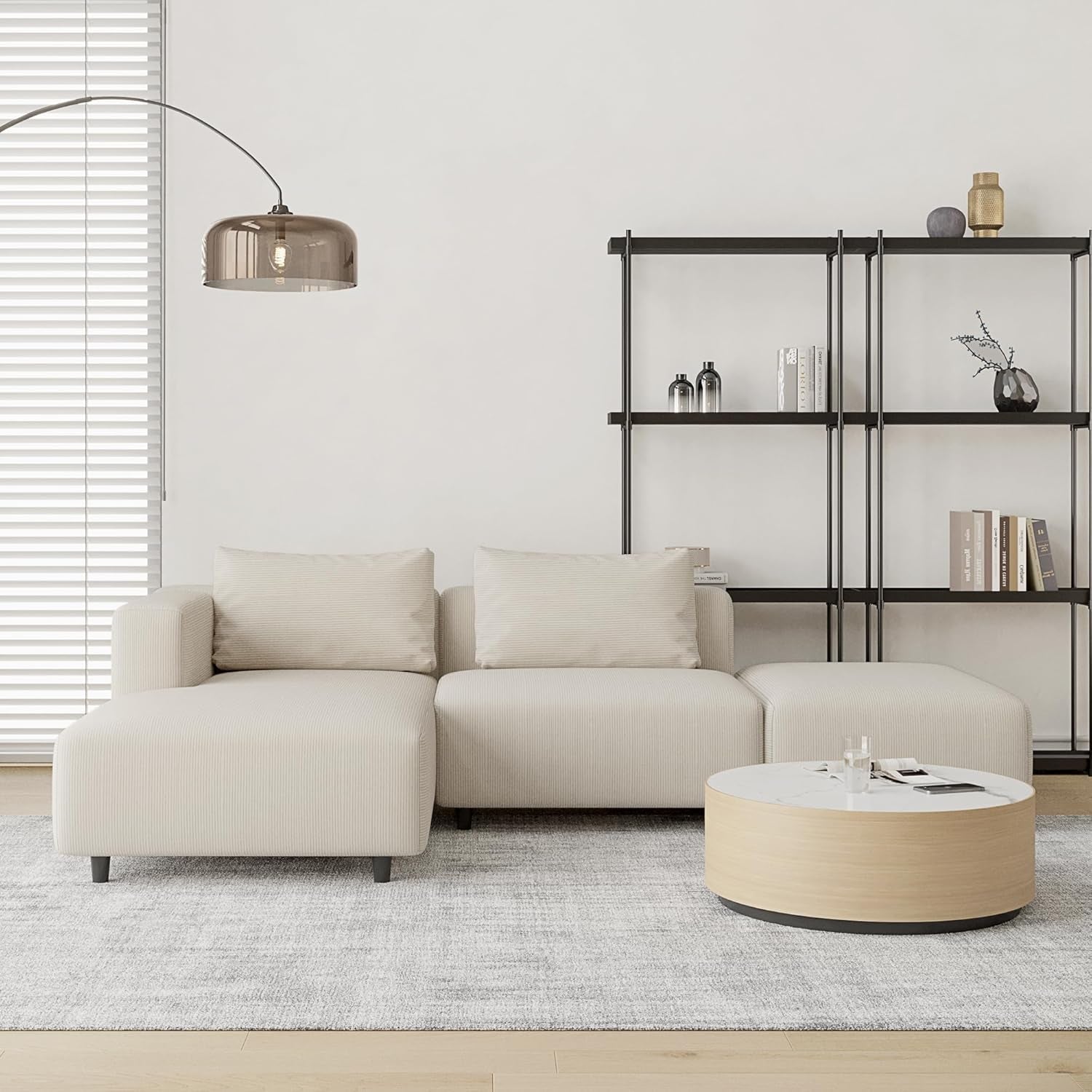 Soft Corduroy Sectional Sofa Set L Shaped Cream Modular ShipItFurniture