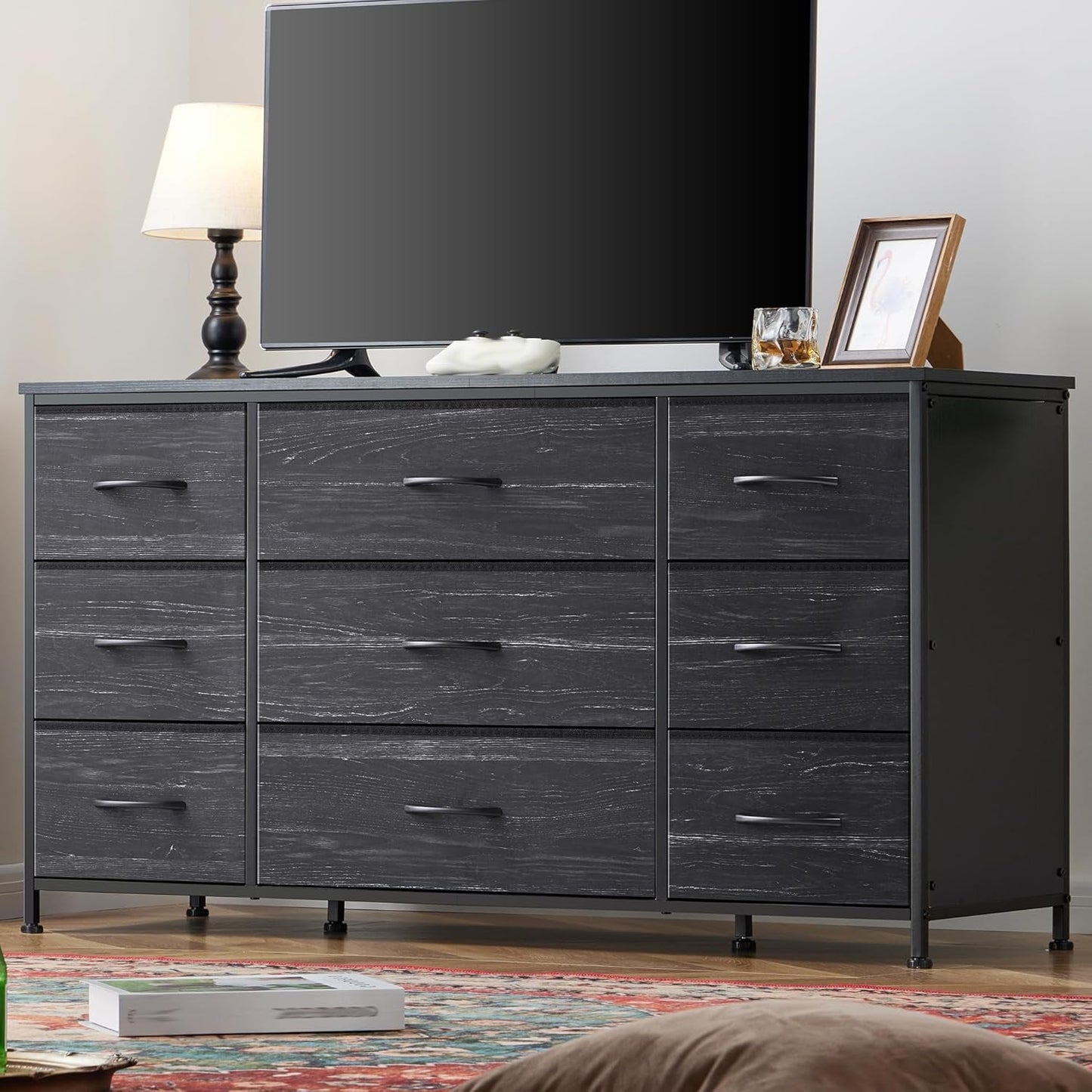 Dresser, Dresser for Bedroom with 9 Drawers, Wide Dresser TV Stand for 55” TV Stand for Bedroom Dresser Long Dressers & Chests of Drawers, Metal Frame&Wood Top, Closet, Hallway, Charcoal Black ShipItFurniture
