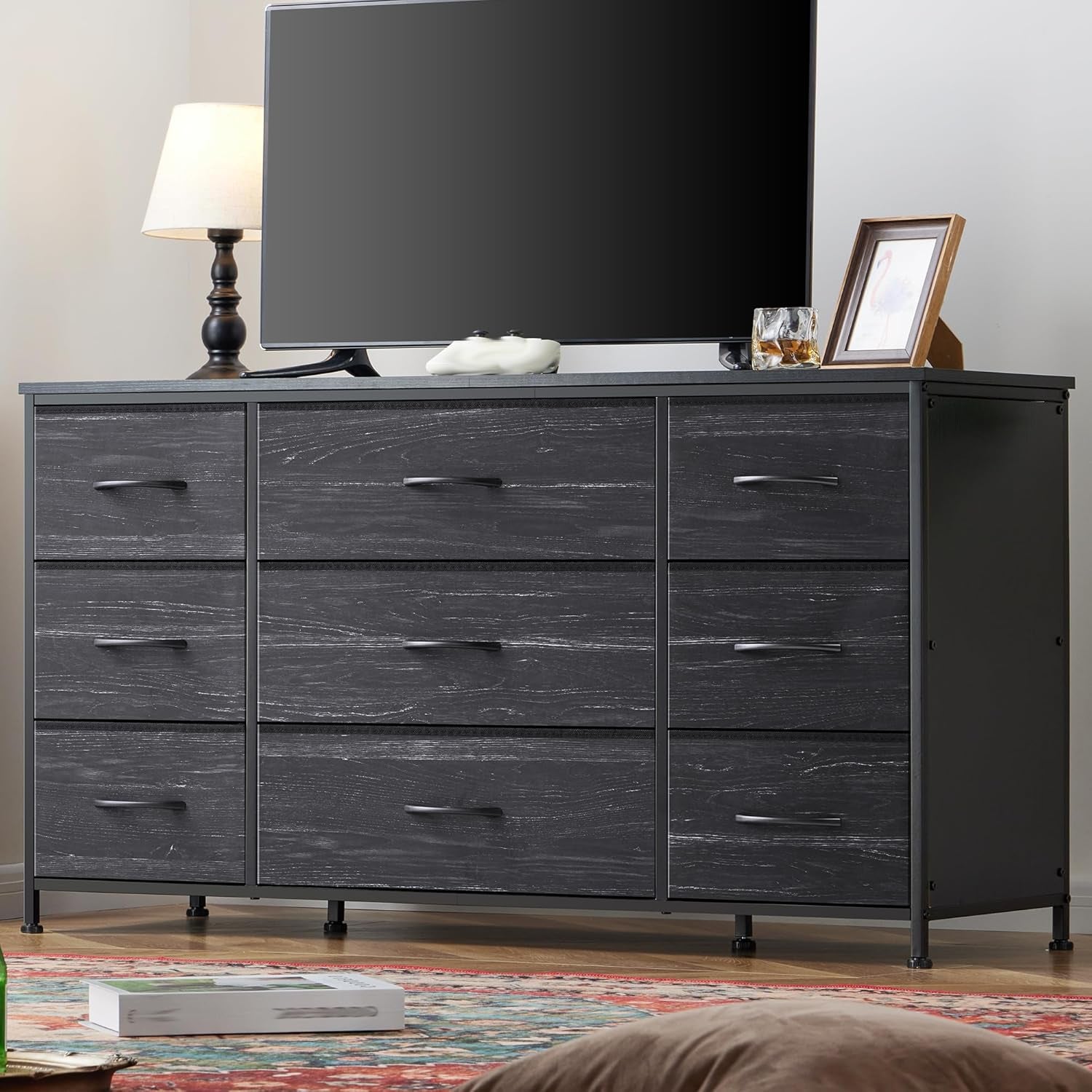 Dresser, Dresser for Bedroom with 9 Drawers, Wide Dresser TV Stand for 55” TV Stand for Bedroom Dresser Long Dressers & Chests of Drawers, Metal Frame&Wood Top, Closet, Hallway, Charcoal Black ShipItFurniture