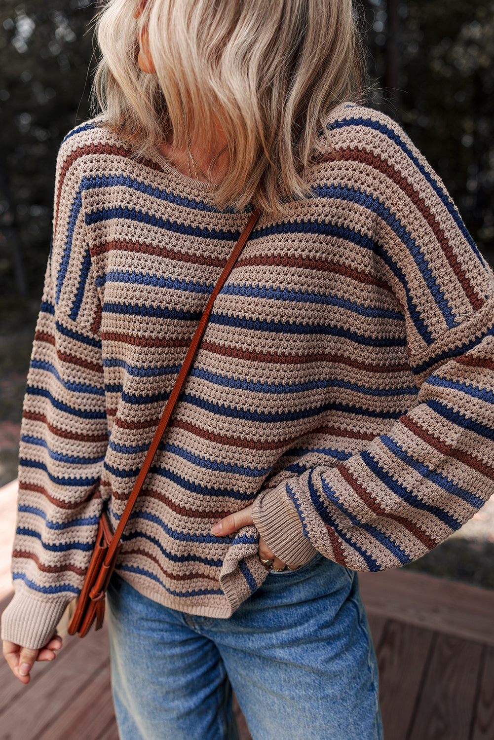 Emery Striped Knitted Drop Shoulder Round Neck Sweater Threaded Pear