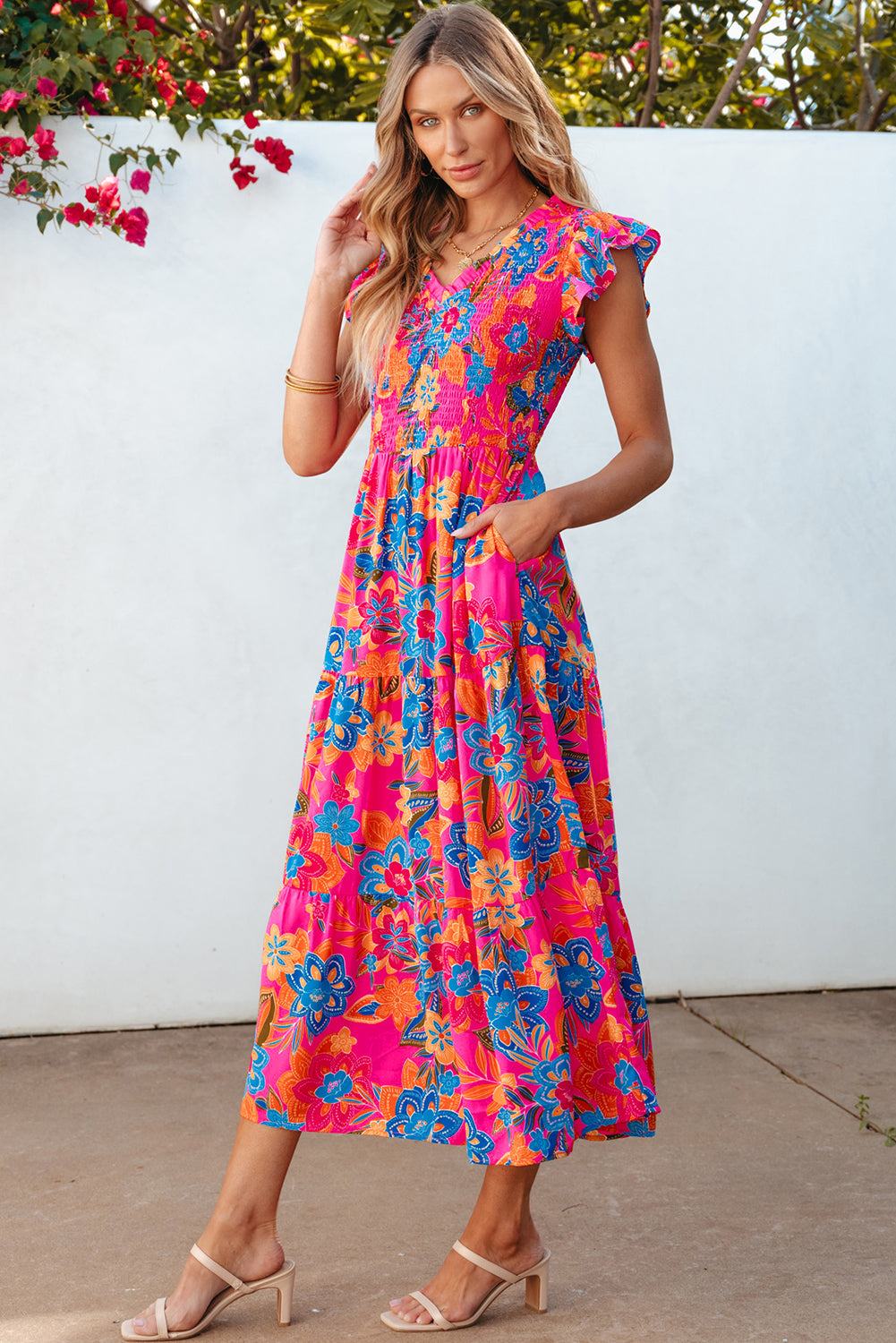 Kamari Boho Floral V Neck Ruffle Tiered Long Dress
