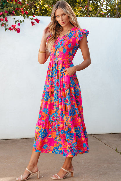 Kamari Boho Floral V Neck Ruffle Tiered Long Dress