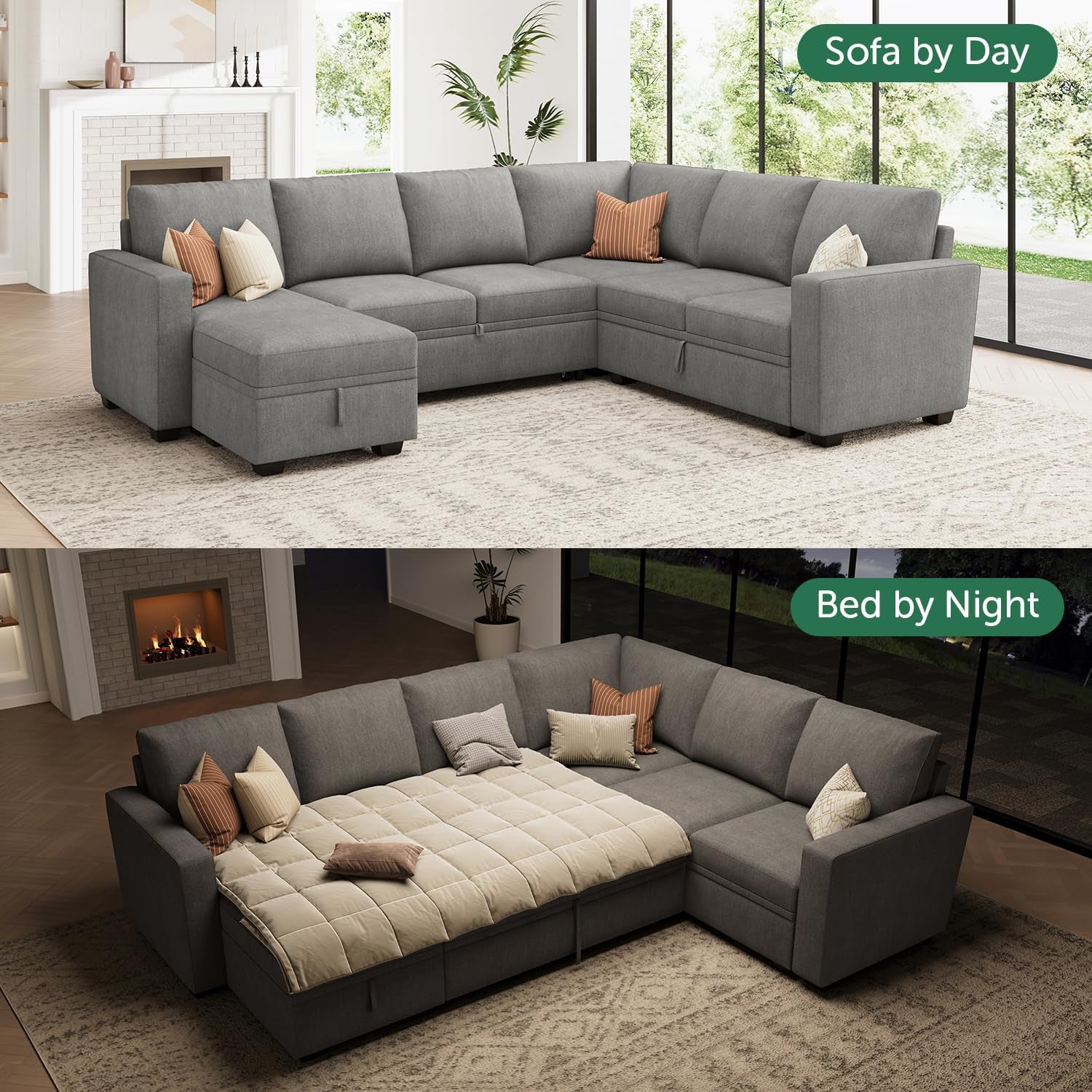 Modular Sectional Sleeper Sofa U Shaped Warm Grey Set ShipItFurniture