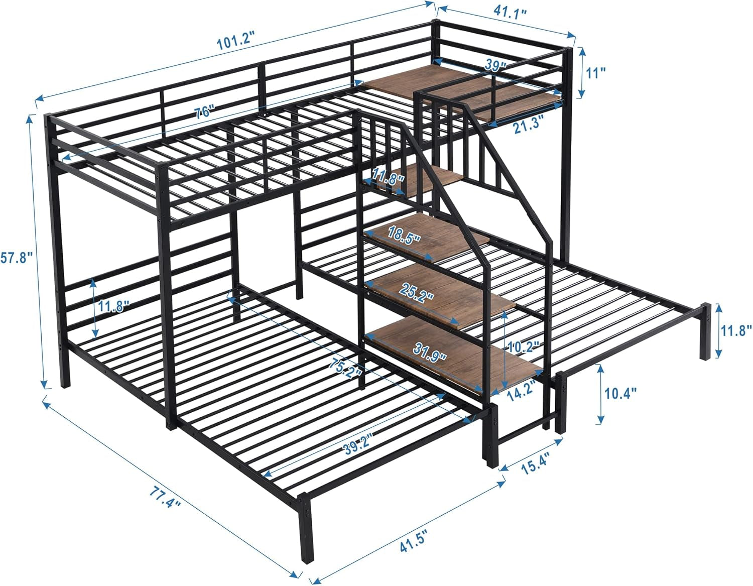 Metal Triple Bunk Bed with Stairs, 3 Beds Bunk Bed, Twin over Twin & Twin Bunk Bed with Storage Shelves Staircase, for Kids Teens Adults, Black ShipItFurniture