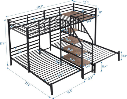 Metal Triple Bunk Bed with Stairs, 3 Beds Bunk Bed, Twin over Twin & Twin Bunk Bed with Storage Shelves Staircase, for Kids Teens Adults, Black ShipItFurniture