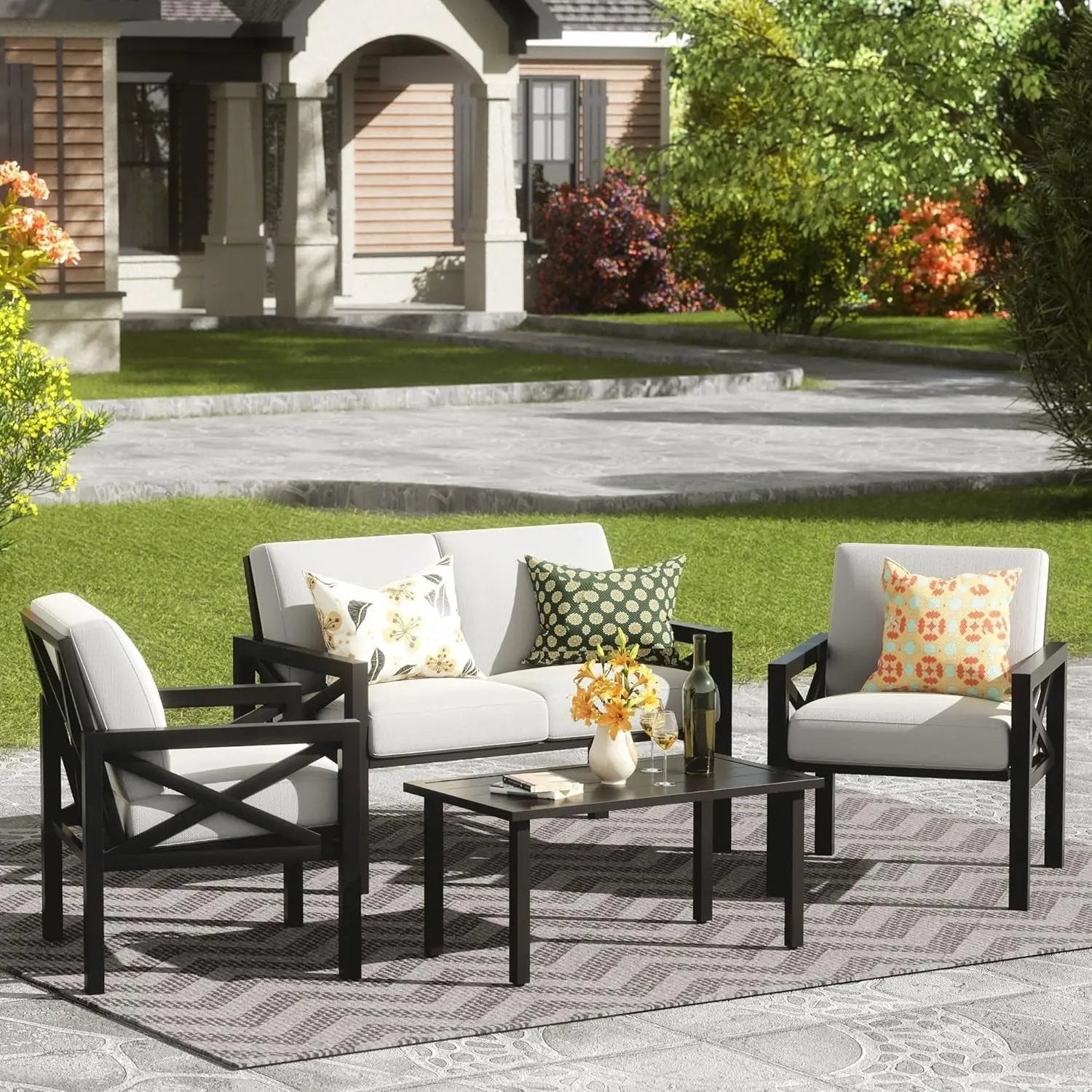 Outdoor Patio Furniture 4 Pieces Set, Modern Patio Conversation Sets, Outdoor Sectional Metal Sofa with 5.5 Inch Cushion and Coffee Table for Balcony, Garden-0