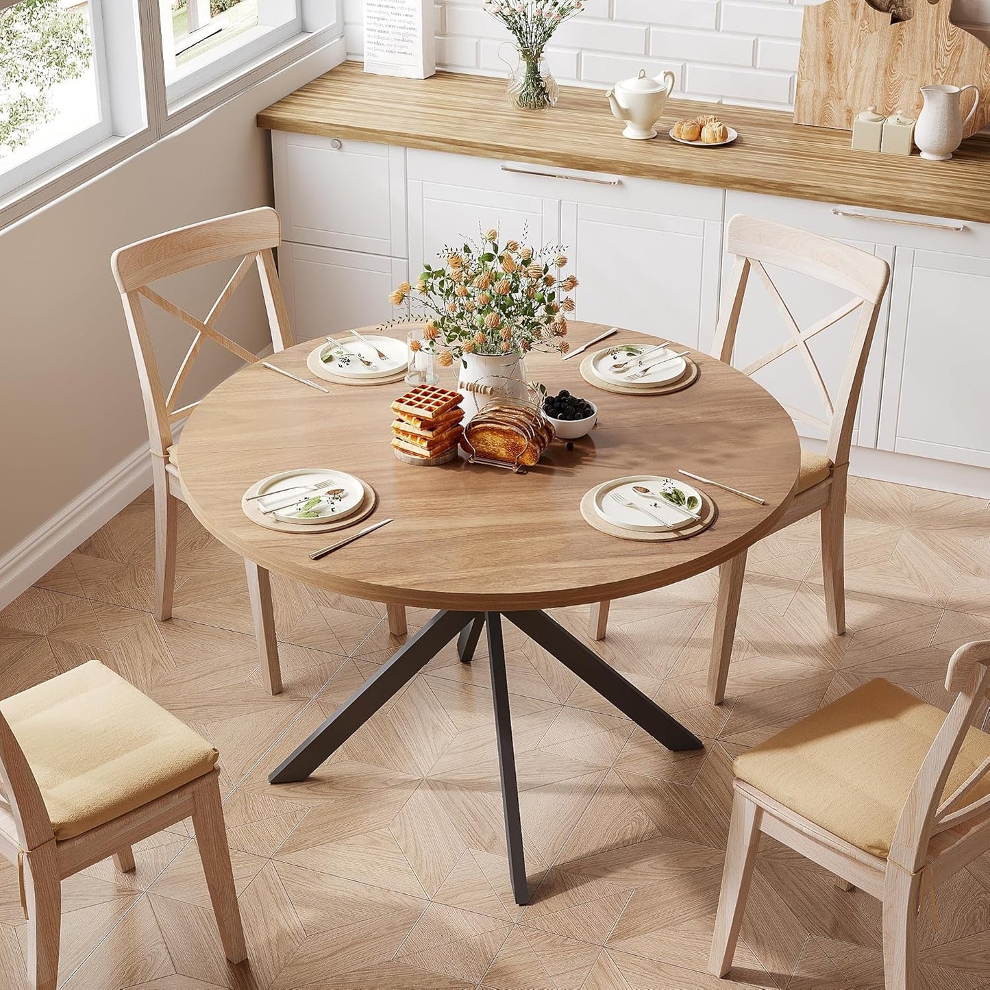 47.2 Inch Round Dining Table For 4 Walnut Farmhouse Kitchen