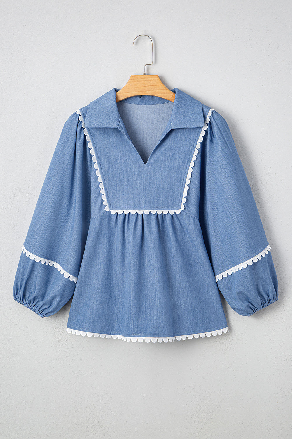 Nevaeh Lace Ric Rac 3/4 Puff Sleeve Collared Babydoll Blouse Threaded Pear