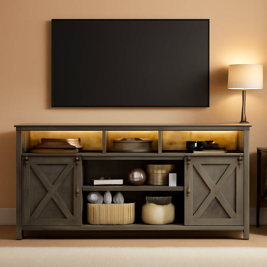 Wooden Farmhouse TV Stand 70 Inch With Double Storage