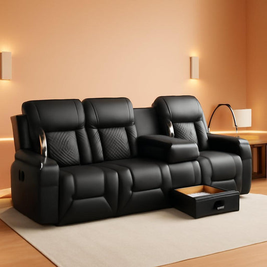 Black PU Leather Four Seater Recliner With USB Ports ShipItFurniture