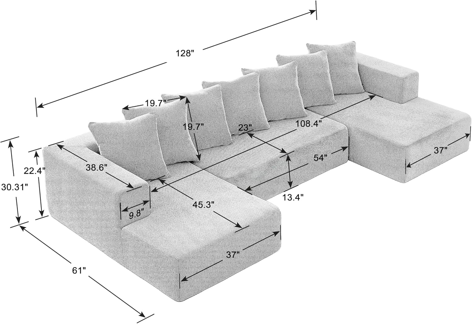 U Shaped Modular Sectional Sofa 6 Seater Grey Chenille ShipItFurniture
