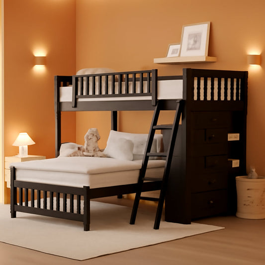 Twin over Full Bunk Bed with Storage, Solid Wood Bunk Bed with 6 Drawers and 3 Flexible Shelves, Twin Loft Bed with Movable Lower Bed, Bottom Bed with Wheels, for Kids Teens Adults (Espresso) ShipItFurniture