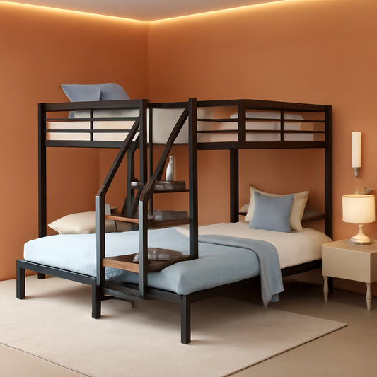 Metal Triple Bunk Bed with Stairs, 3 Beds Bunk Bed, Twin over Twin & Twin Bunk Bed with Storage Shelves Staircase, for Kids Teens Adults, Black ShipItFurniture