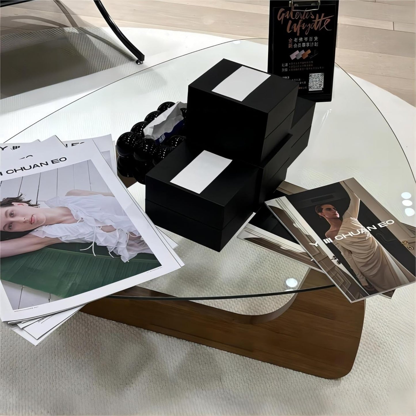 Walnut Clear Glass Oval Coffee Table Diameter 32.68 Inch ShipItFurniture